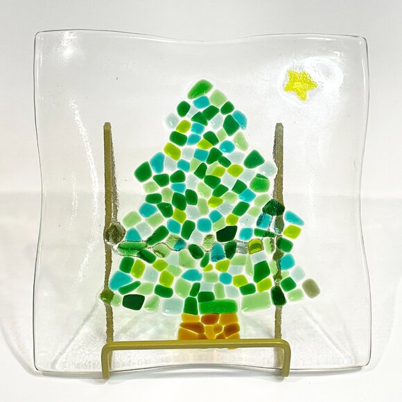 Fused Glass Decorative Plate Dish Christmas Tree Star 6.5" x 6.5" Signed - Picture 2 of 4
